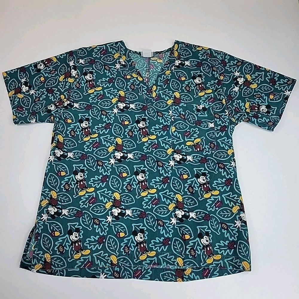 Scrub Top Disney Mickey Minnie Mouse‎  Green V-Neck Medical Uniform Size Small